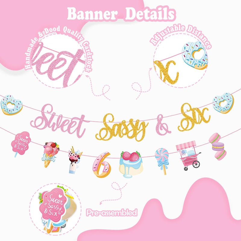 JUYRLE Sweet Sassy and Six Birthday Decorations for Girls - 6th Birthday With Donut Banner  Cake Topper  Foil Balloon for Ice Cream Party - Image 2
